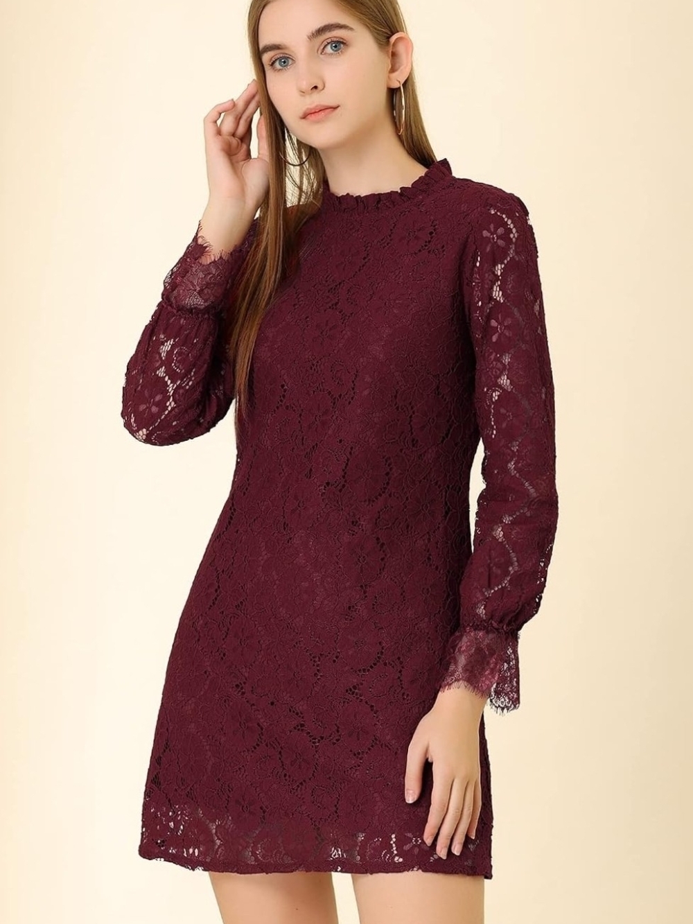 Allegra K Burgundy Lace Long-Sleeve Shift Dress